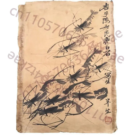 Qi Baishi Style “Eight Shrimp” Rice Paper Scroll Wall Decor