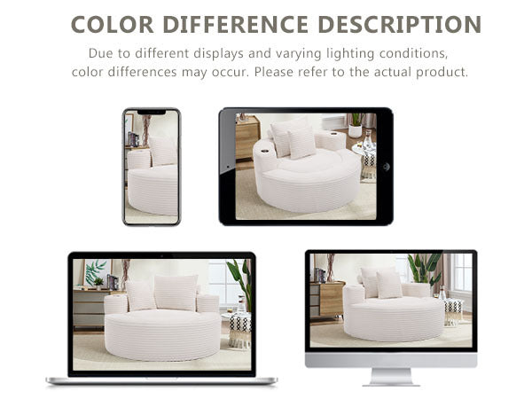 Sofa Round Memory Foam Velvet White with Cup Holder 55 In
