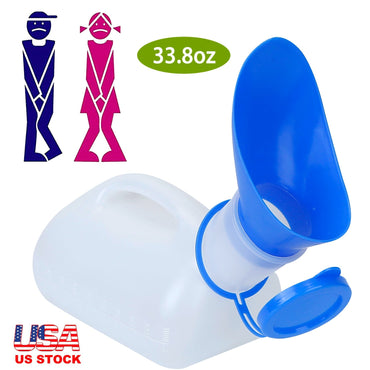 Unisex Potty Urinal Bottle 1000ML/33.8OZ Adult Emergency Urinal Device Portable Male Female Toilet w/ Lid Funnel For Car Camping Travel Hospital Outdo