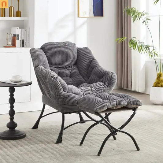 Accent Chair Lounge Gray Flannelette with Ottoman and Side Pocket