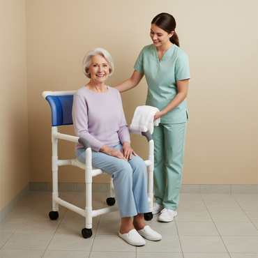 MJM International 122-3TW Wide Shower Chair 22" Internal Width, Open Front Seat, 3" Twin Casters, 375 Lbs Weight Capacity