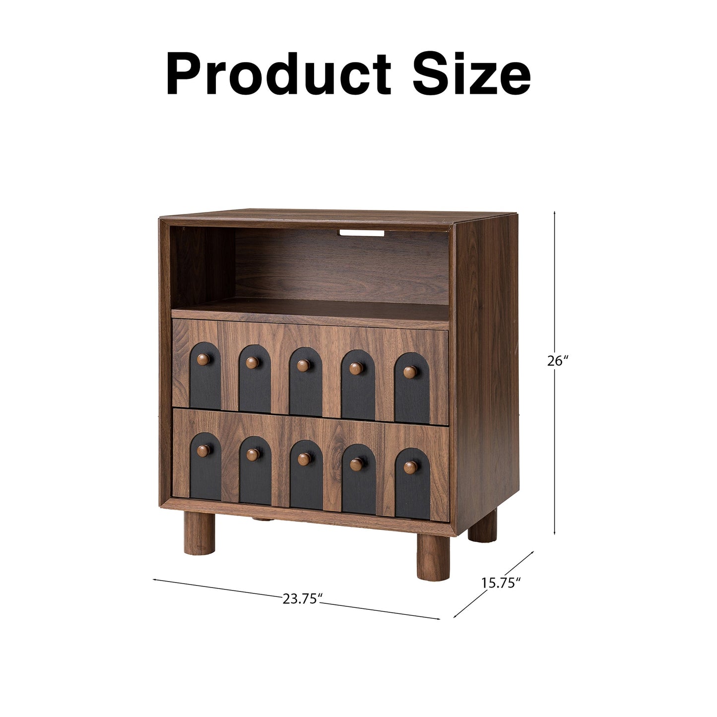 Modern Nightstand with Charging Station, 2 Drawers, Curve Mirror Design, 26 in