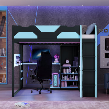 Full Size Wood Loft Bed with Desk, Multi-storage Shelves, USB and RGB Light