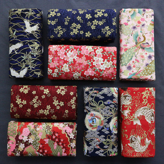 Japanese Floral Cotton Fabric, Handmade Wind-Stamped