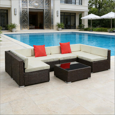 7 Piece Outdoor Sectional Set PE Rattan Beige Cushion