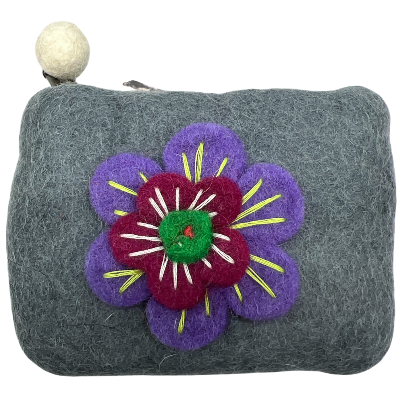 Felt Wool Artisan Gray Coin Purse with Flower Applique