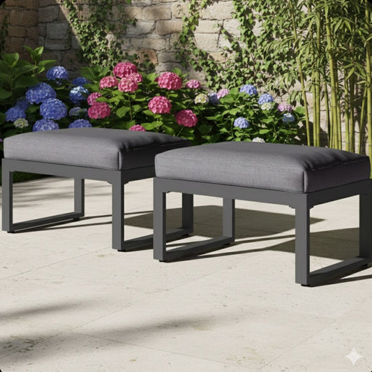Outdoor Ottoman Aluminum Black Gray Cushion Rectangular Set of 2