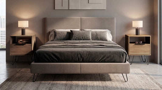 Set of 2 Modern Nightstands with Storage, Metal Legs, Light Oak