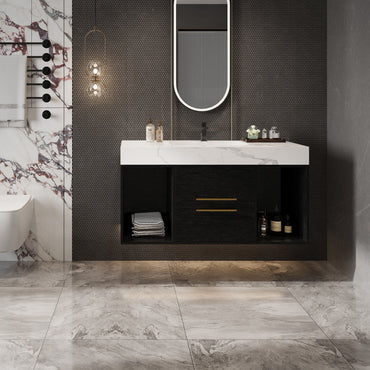39.4' Floating Bathroom Vanity with Ceramic Sink, 2 Drawers and 2 Open Shelves