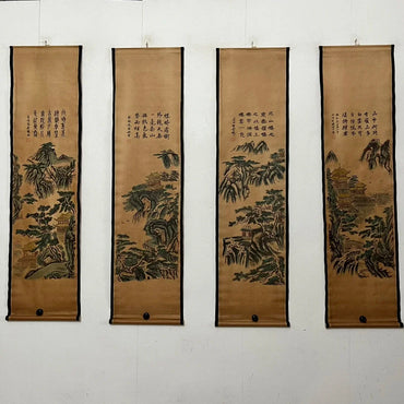 Chinese Rice Paper Four-Panel Landscape Scroll Painting
