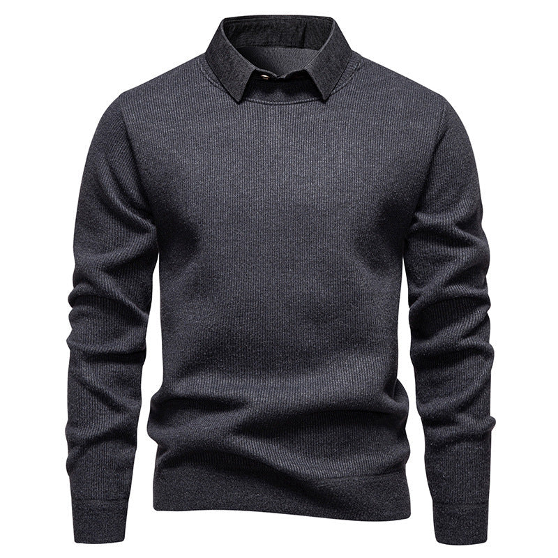 Mens Faux Two-piece Base-layer Knit Casual Shirt-collar Sweater
