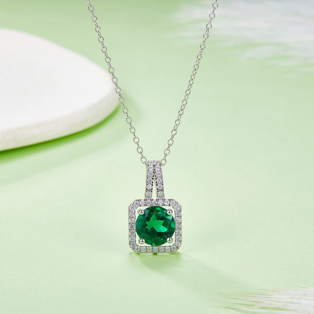 S925 Sterling Silver 2ct Lab-Grown Ruby Emerald Pendant Necklace, Platinum Plated Square Halo With Split Pave Bail, Women's Fine Jewelry Gift Box
