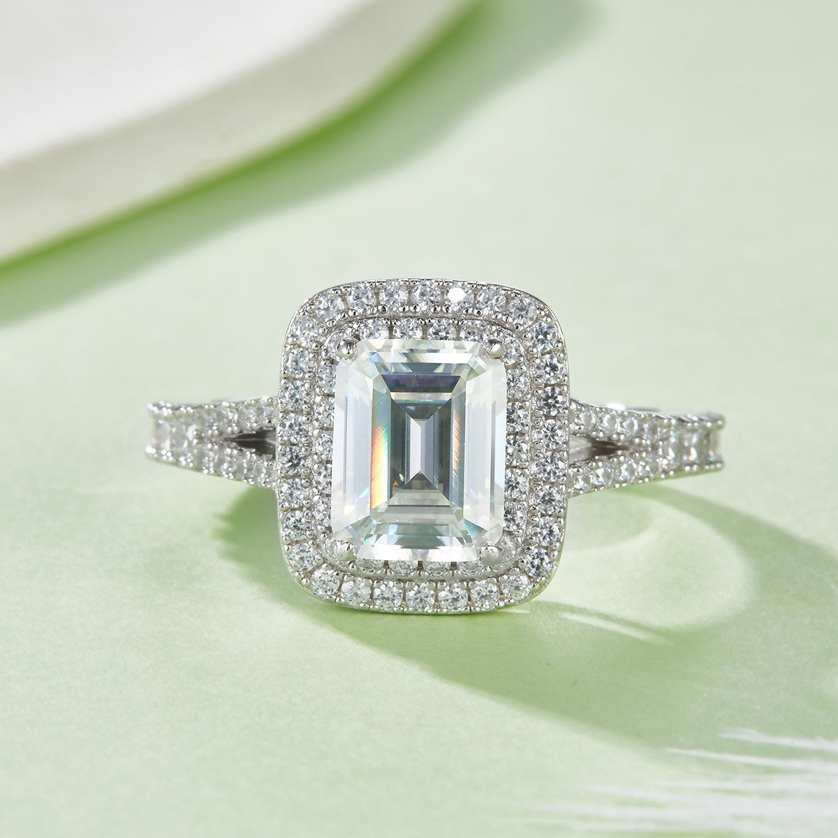 3 Carat Emerald Cut Moissanite Engagement Ring, Double Halo Split Shank S925 Silver Platinum Plated D Color VVS1 With GRA, US 5-9.