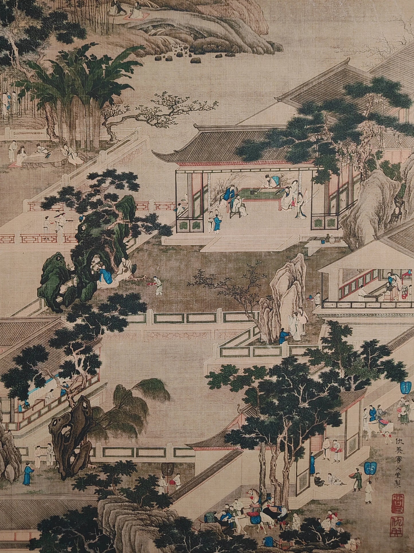 A wall scroll hanging painting of Qiu Ying's landscape on Chinese Xuan paper for the central hall decoration