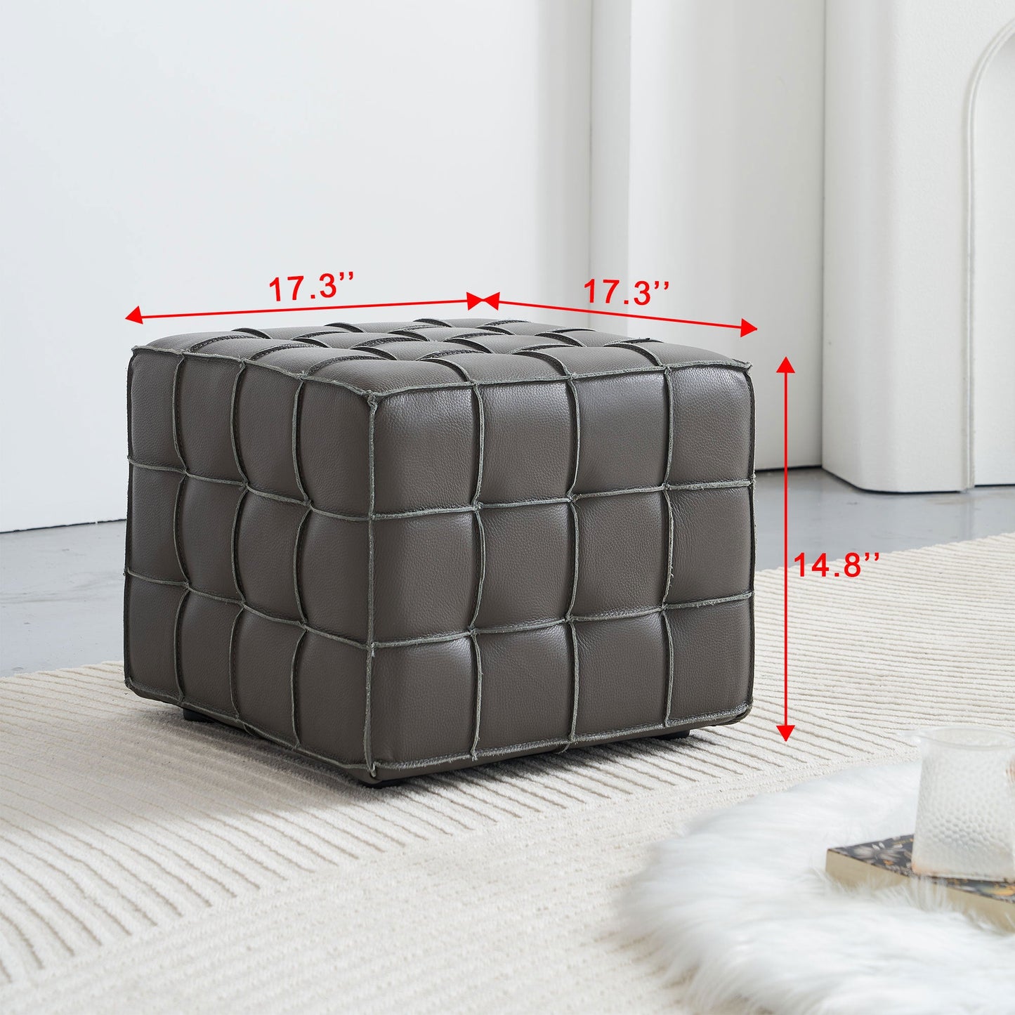 17.32 Inch Quality Leather Tufted Square Ottoman Footstool, Grey