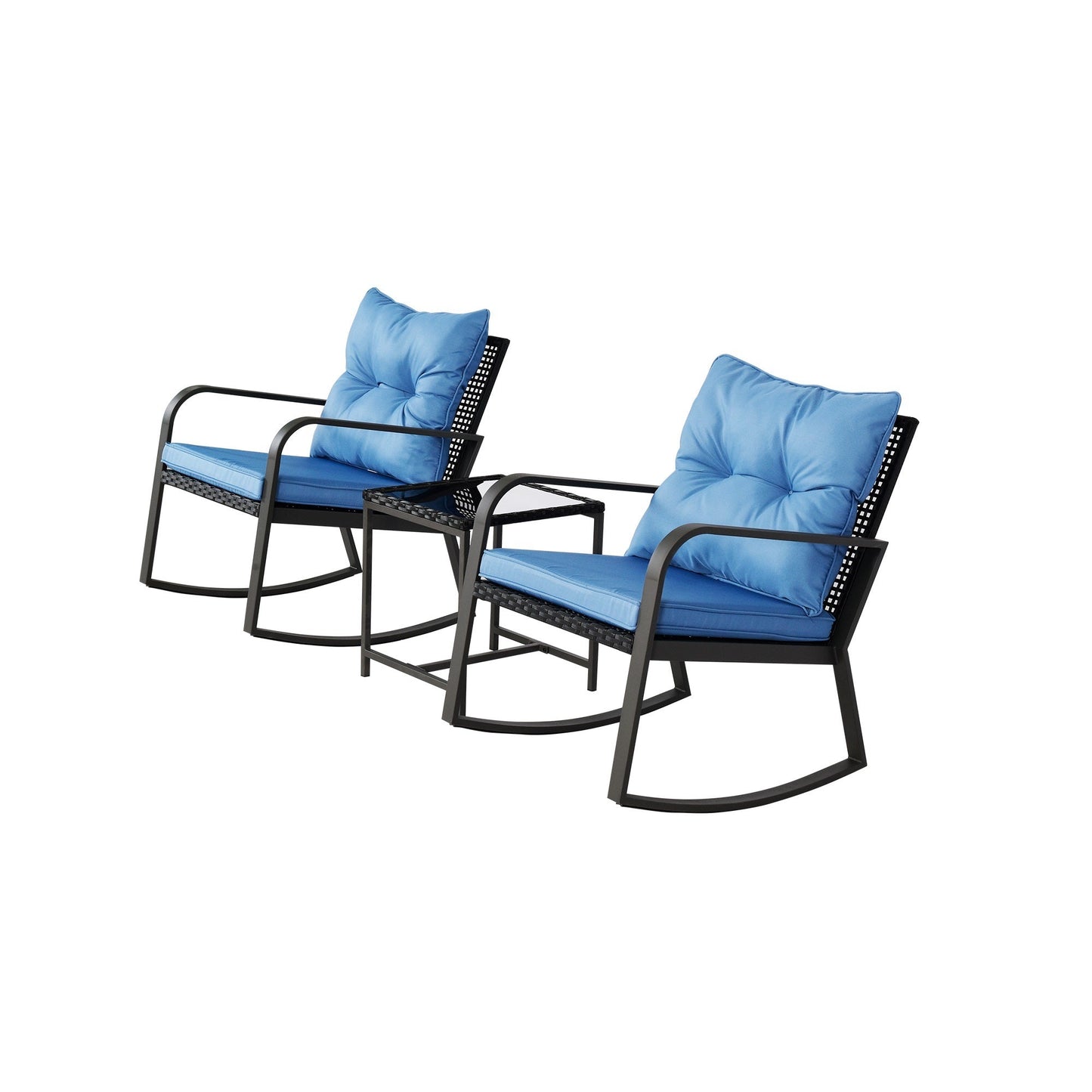 Outdoor Bistro Set Wicker Iron Blue 3 Piece Rocking Chairs Cushions Seats 2