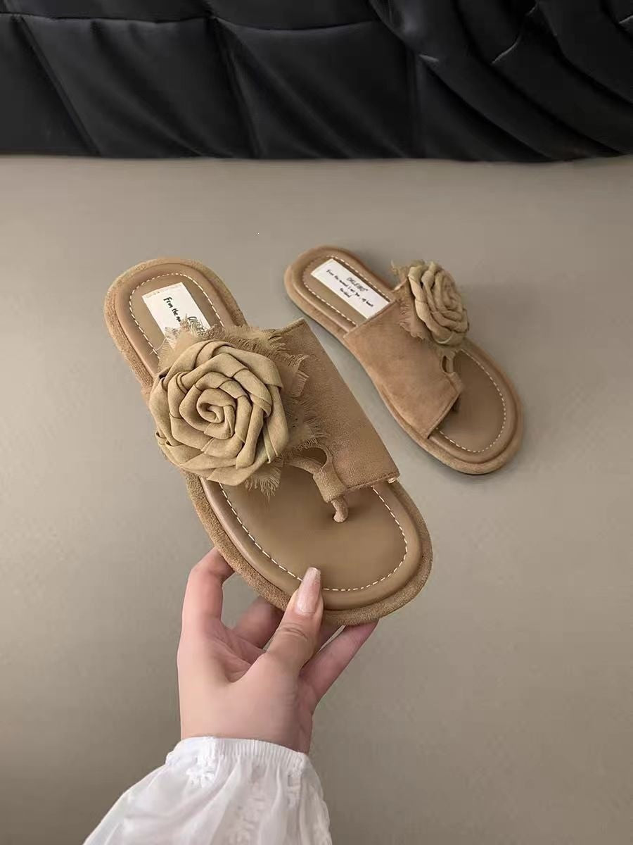 Vintage Toe Post Rose Sandal Slides For Women, Summer Flat Anti-Slip Beach Unique Trendy Ladies Slippers