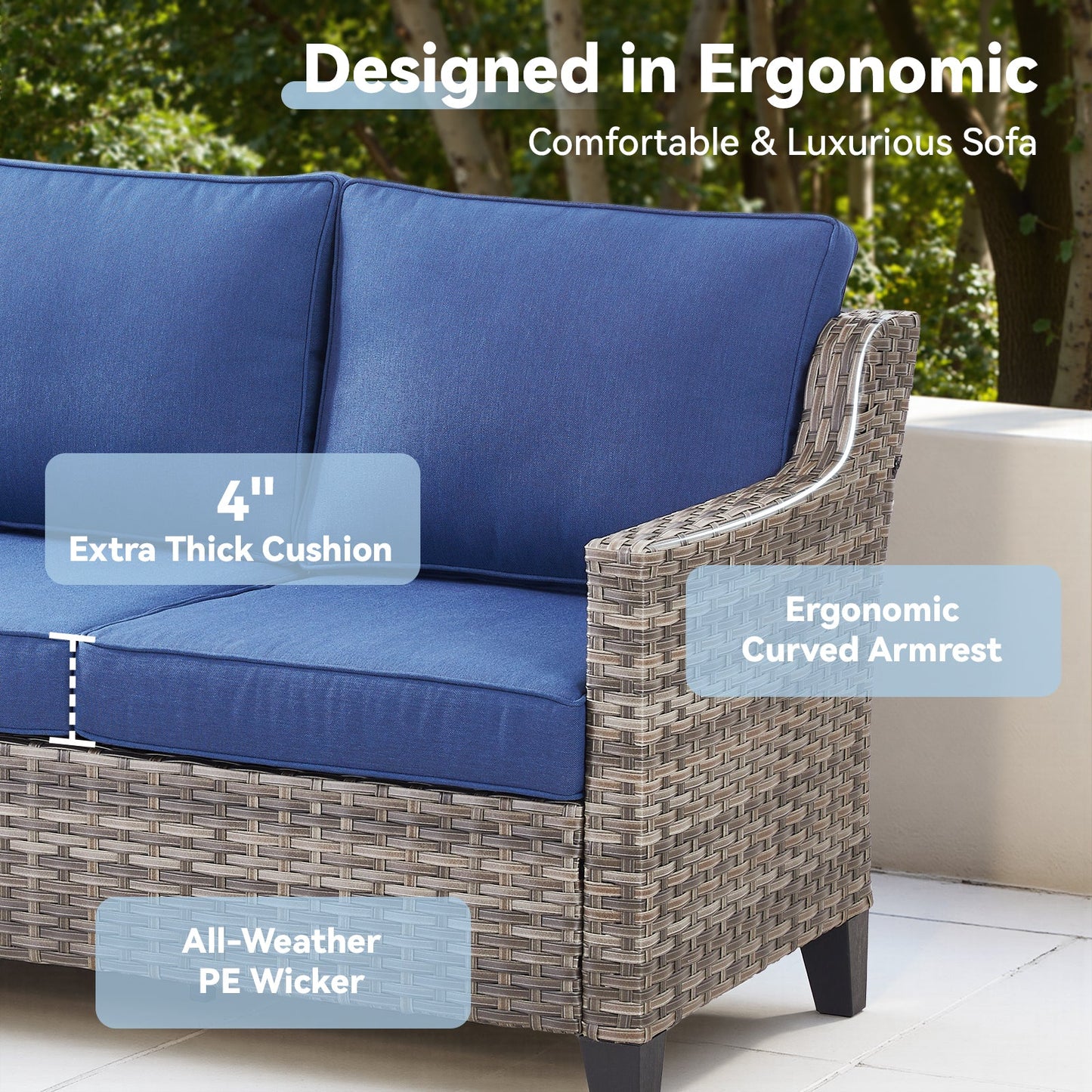 73.2 in Outdoor Patio Sofa, 3-Seat Gray Rattan Couch with Blue Cushions
