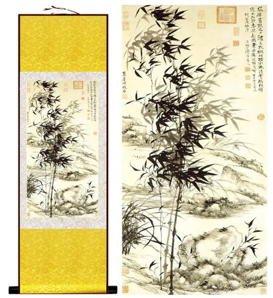 Bamboo painting Chiense characters and Flower painting Home Office Decoration Chinese scroll paintingPrinted painting