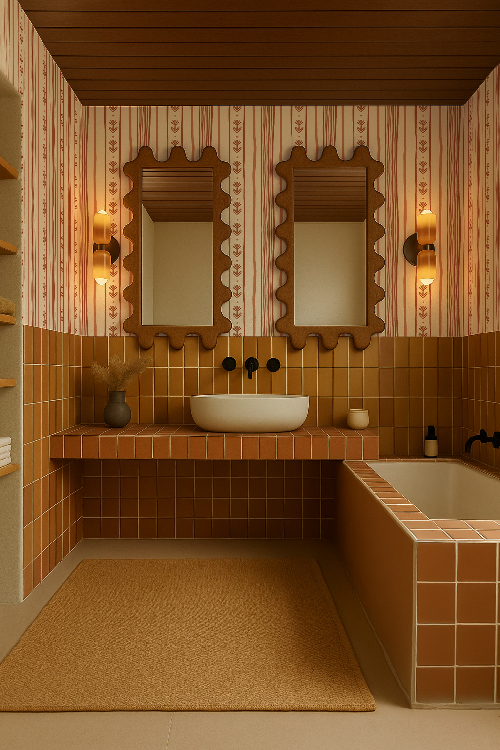 Daisy Chain Stripe Wallpaper, beige and terra cotta