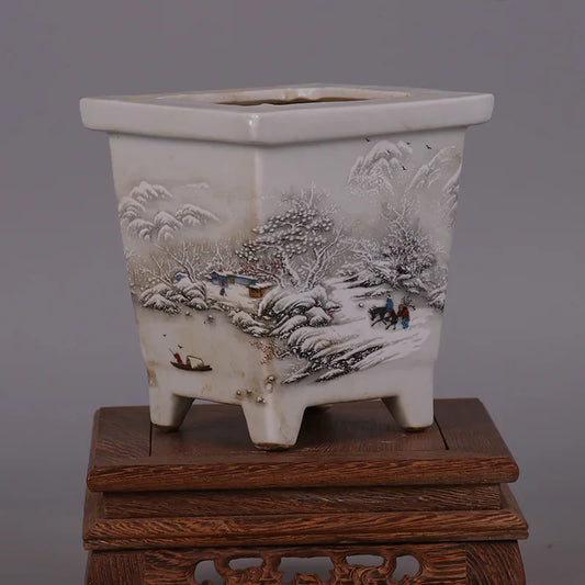 Chinese Snowscape Pastel Porcelain Flower Pots – Antique-Style Planters