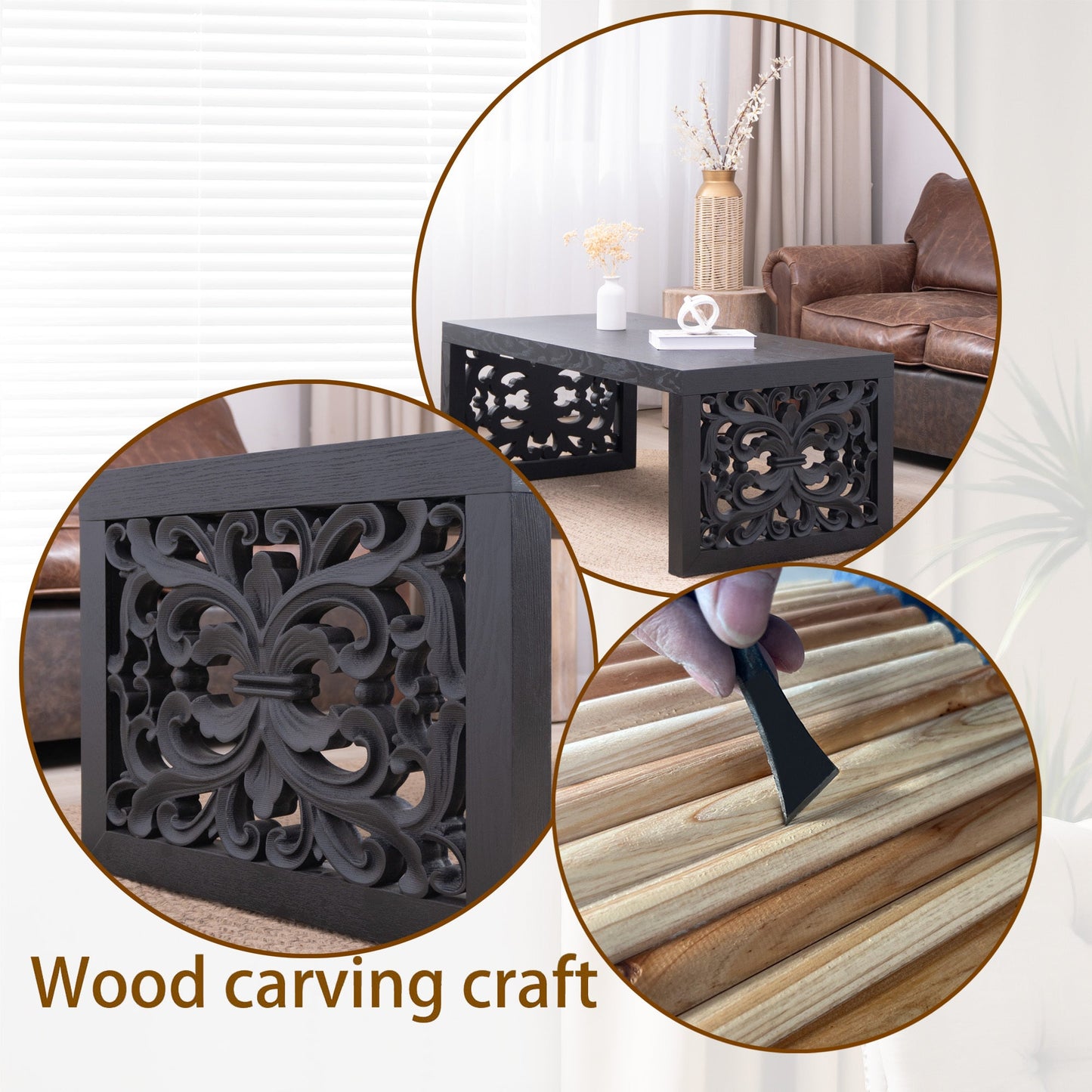 47.2 in Solid Black Carved Wood Coffee Table, Handcrafted Ornate Side Panels