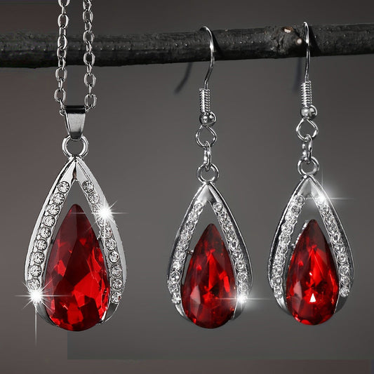 A Stylish And Exquisite Set of Black And Red Teardrop Glass Pendant Earrings And Necklace, Perfect for Valentine'S Day, Anniversaries, Birthdays, Parties, Weddings, And As Jewelry Gifts.