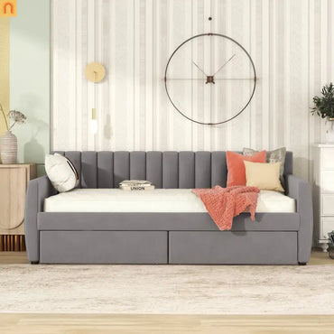 Bed Frame Daybed Velvet Gray Twin Storage Drawers Wood Slats 79in