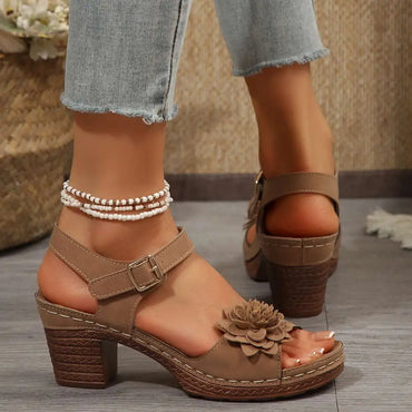 Beige Floral Flowers Chunky Heel Sandals