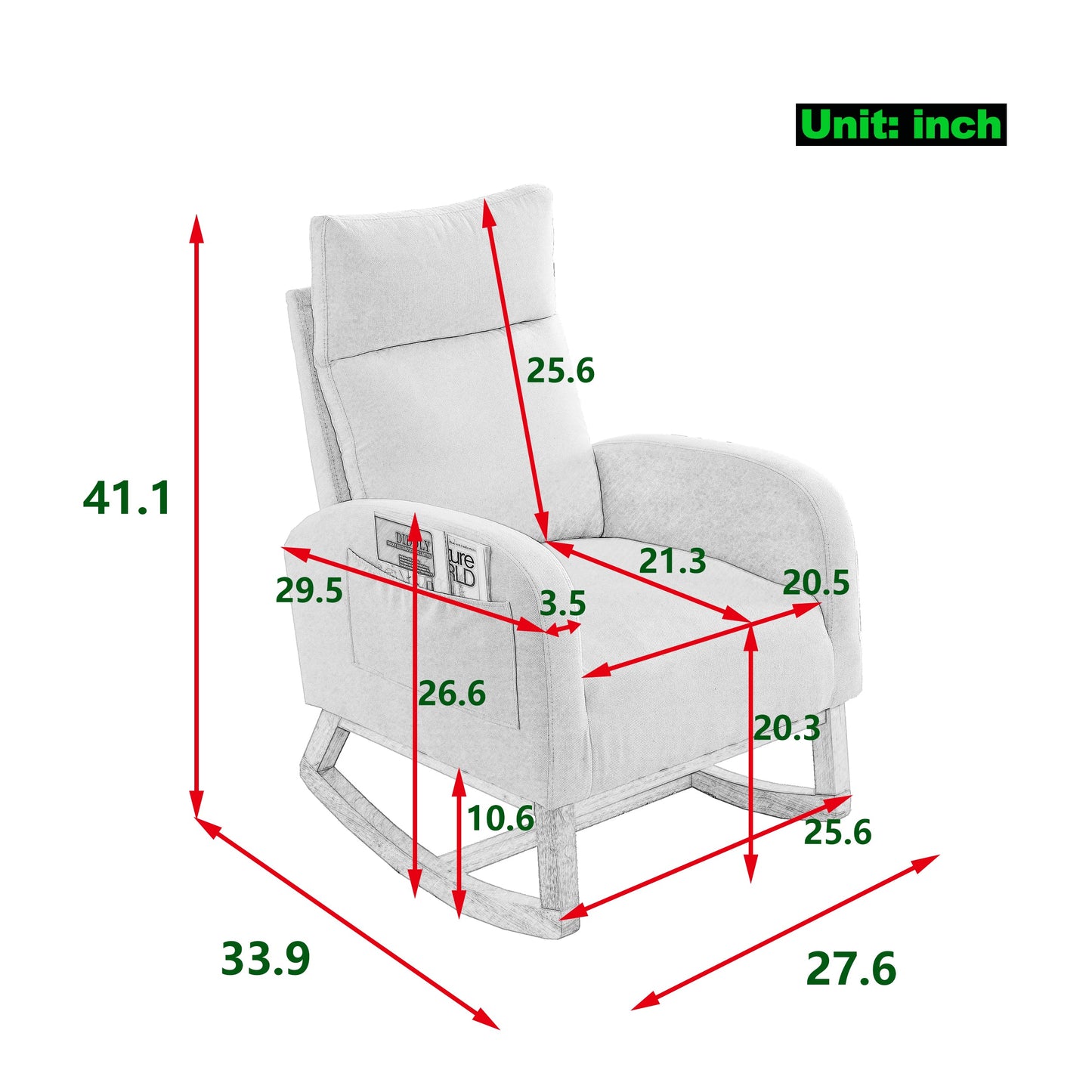 Gray Teddy Fabric Rocking Chair High Back Side Pockets 27.6