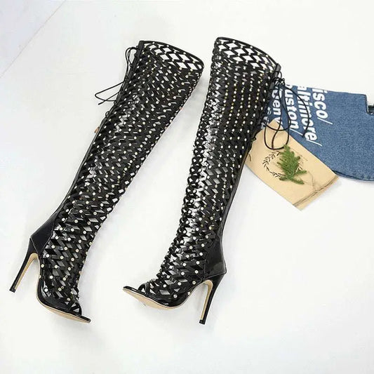 Black Studded Lace Up High Heel Sandal Boots