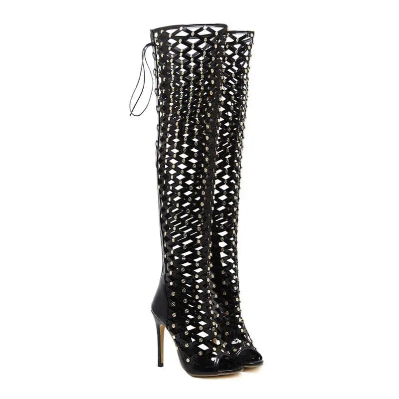 Black Studded Lace Up High Heel Sandal Boots