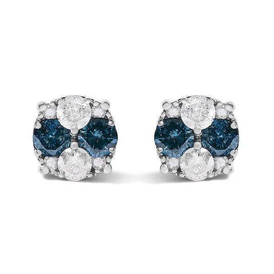 Blue Diamond Composite Cluster Stud Earrings in Sterling Silver – 2 Cttw