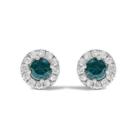 Blue Diamond Halo Stud Earrings in Sterling Silver – 1/2 Cttw