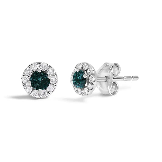 Blue Diamond Halo Stud Earrings in Sterling Silver – 1/3 Cttw