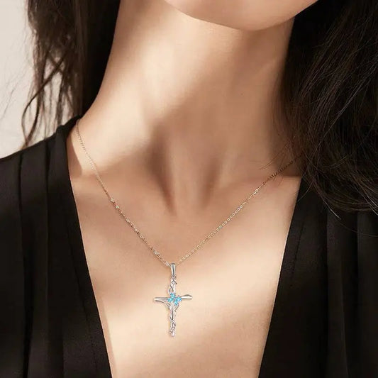 Blue Gemstone Cross Necklace Sterling Silver Women