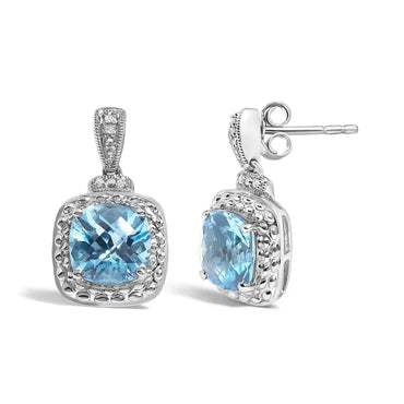 Blue Topaz & Diamond Accent Drop Earrings in Sterling Silver – 8x8mm Cushion Cut