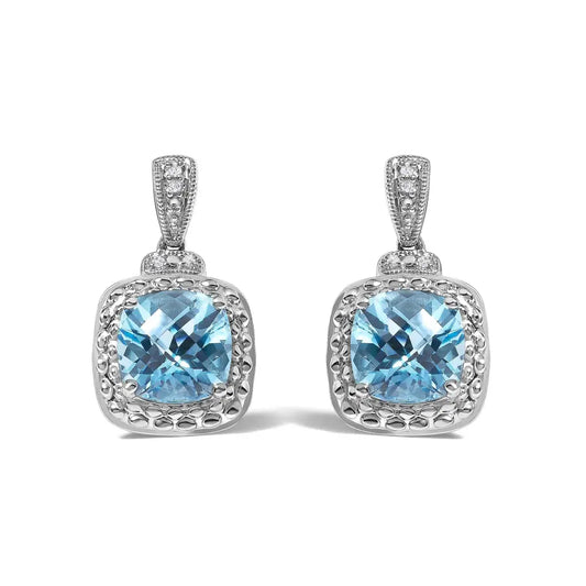 Blue Topaz & Diamond Accent Drop Earrings in Sterling Silver – 8x8mm Cushion Cut