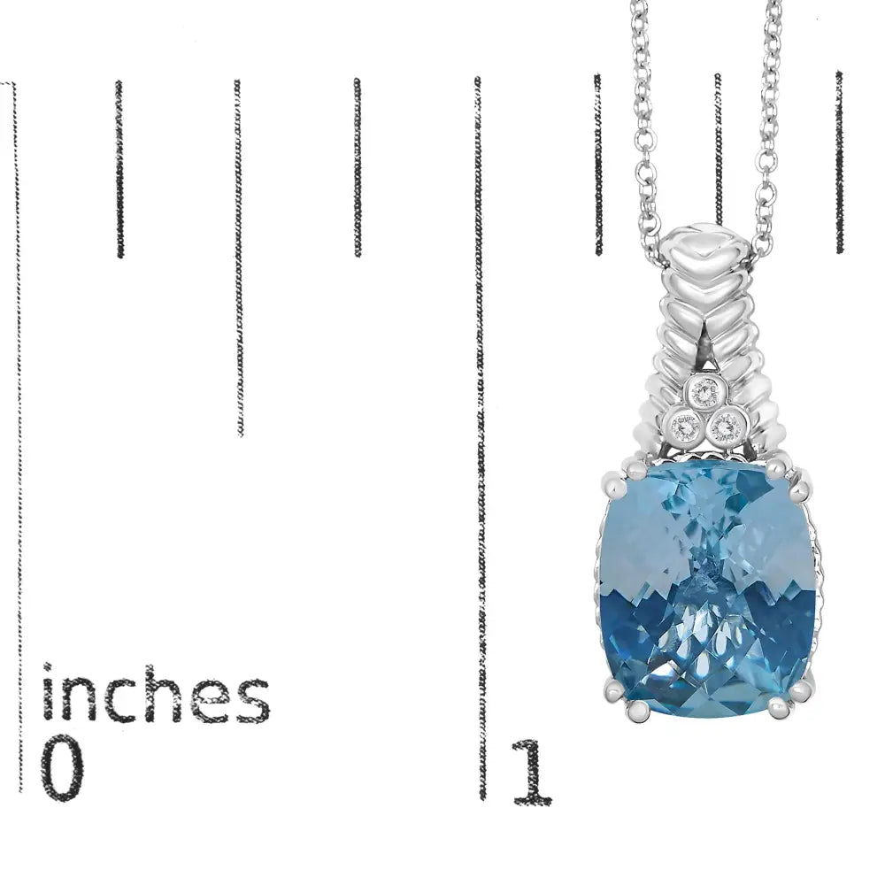 Cushion Blue Topaz and Diamond Textured Pendant in Sterling Silver