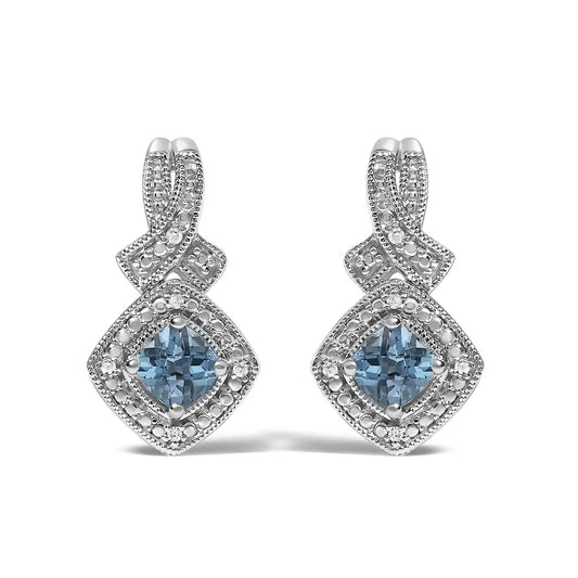 Blue Topaz & Diamond Accent Twist Dangle Earrings in Sterling Silver – Cushion Cut