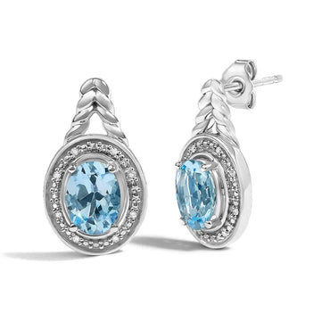Blue Topaz & Diamond Halo Twist Drop Earrings in Sterling Silver – Oval Cut