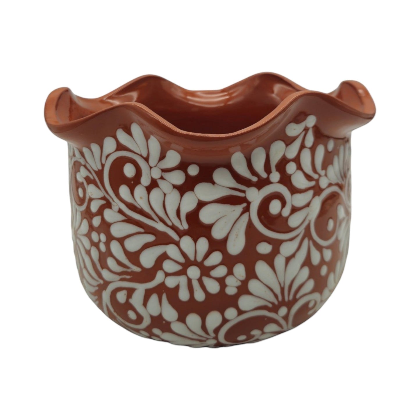 Brown & White Talavera Planter | Handcrafted Wavy Rim Pot