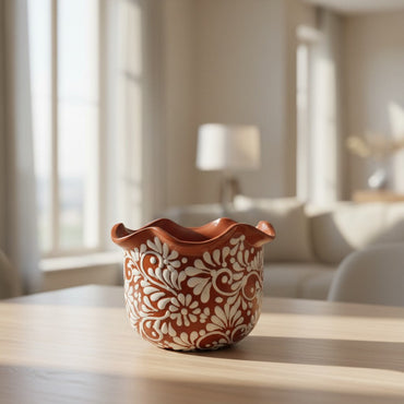 Brown & White Talavera Planter | Handcrafted Wavy Rim Pot