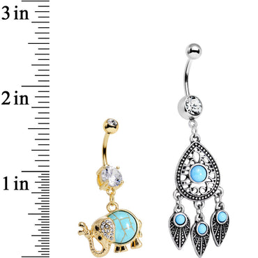 Faux Turquoise Elephant and Dreamcatcher Dangle Belly Ring Set