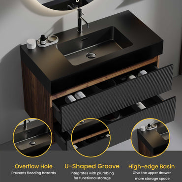 36' Walnut Bathroom Vanity with Matt Black Engineered Quartz Sink Soft Black Drawers