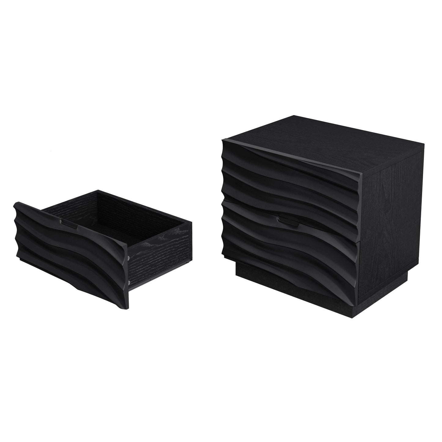 Solid Wood Nightstands Set of 2, 2 Drawers, No Handles, Living Room, Black