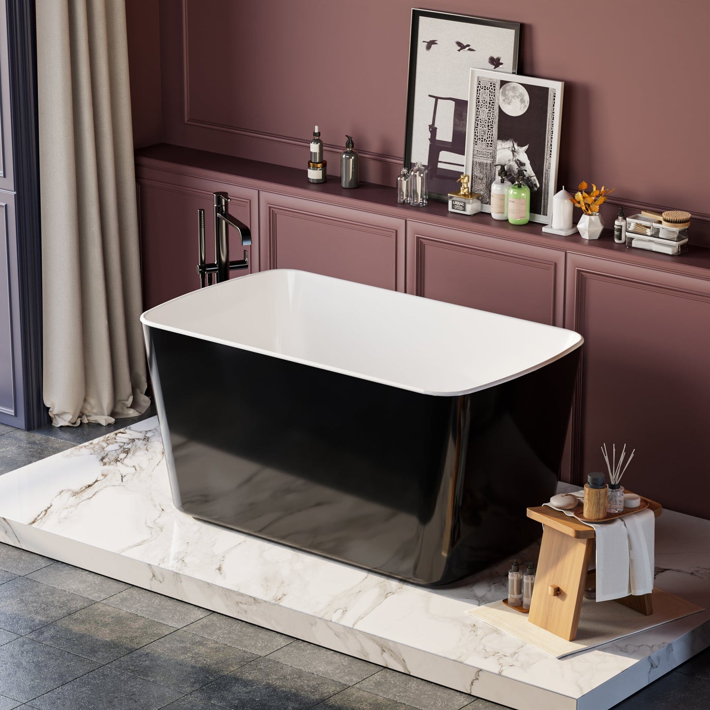 49in Acrylic Freestanding Soaking Bathtub, Square Japanese Sit-In, Glossy Blac