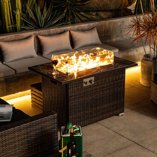 44 Inch Propane Gas Fire Pit Table 50000 BTU Tile Tabletop with Wicker Base