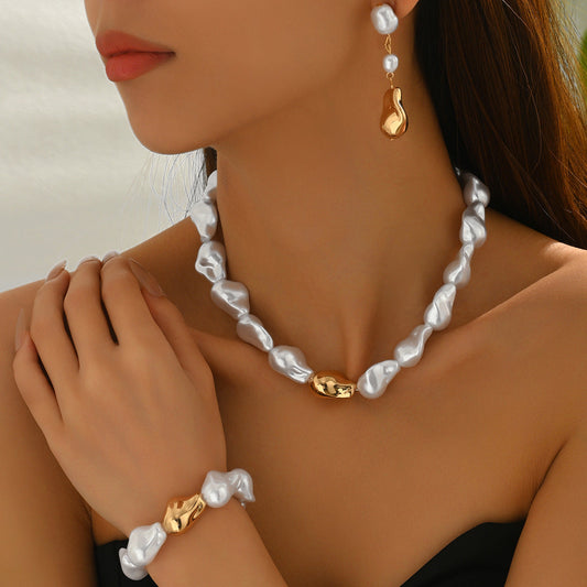 Cross-border European American Vintage Jewelry Set, Baroque Faux Pearl Necklace & Bracelet Matching Premium Versatile Earrings, Daily Women Fashion Ornaments