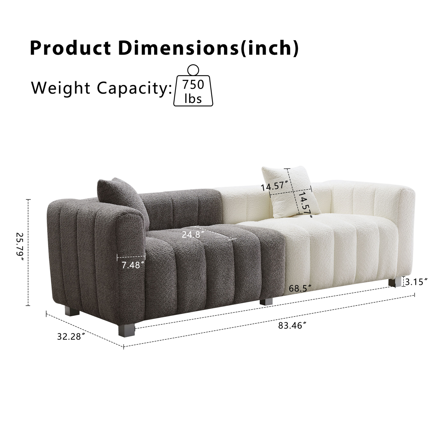 Sofa Modular Velvet Teddy White Gray 3 Seat Metal Legs 87 In 750 LB